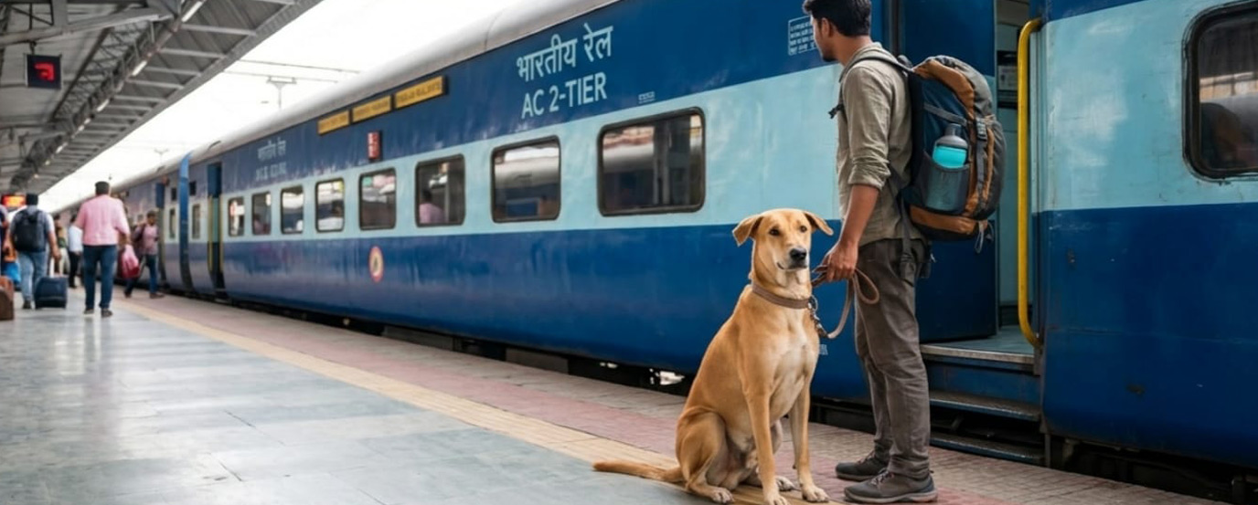 Dog sitting next to an Indian Railways train